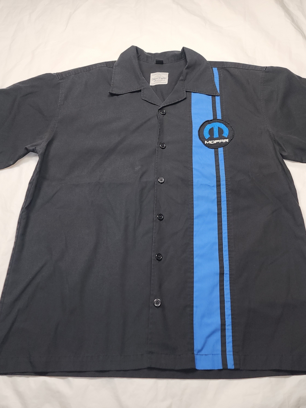 David Carey Black Short-Sleeve Button-Up Shirt with Blue Racing Stripe Size Xlar
